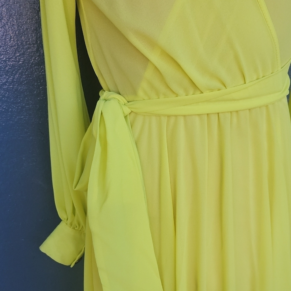 Vintage Bohemian Neon Elegant Long Sleeve Yellow Wrap Dress - Picture 8 of 11